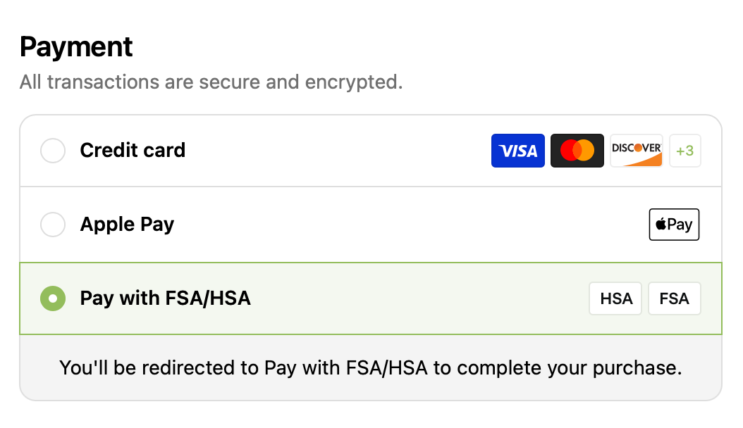 A checkout payment list showing Credit card, Apple Pay, and Pay with FSA/HSA, with the FSA/HSA option selected.