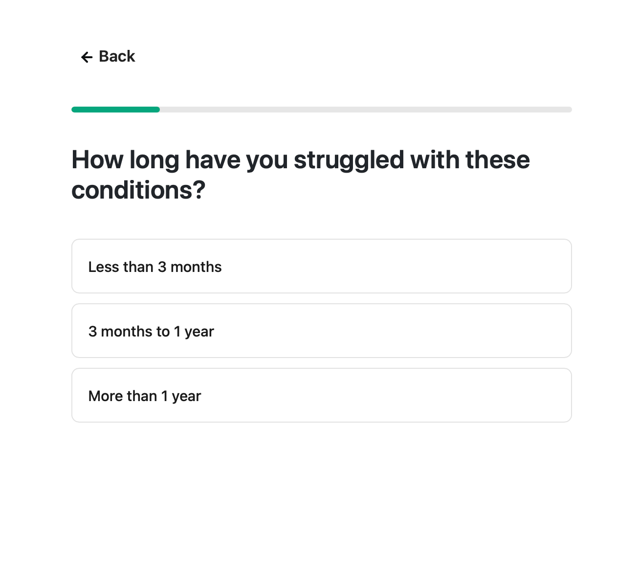 A health questionnaire shown during checkout, asking how long the shopper has had a qualifying condition.